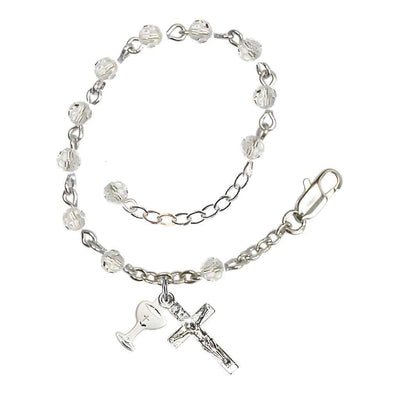 Holy Communion Rosary Bracelet with Silver-plated Crucifix and Medal Chalice, Birthstone 4mm Austrian Crystal Clear Crystal Beads for April, Bliss Manufacturing