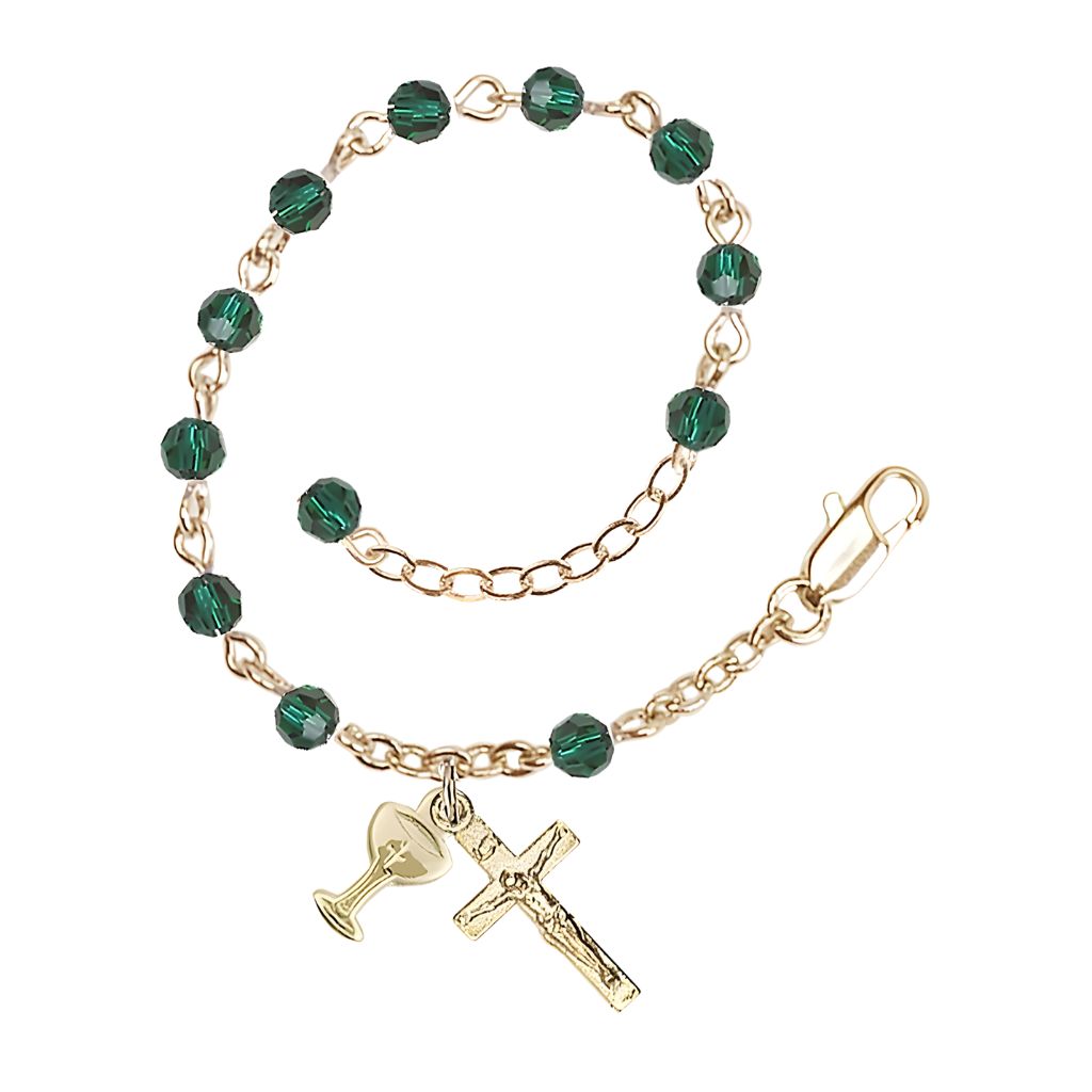 Bliss Holy Communion Rosary Bracelet with Gold-plated Crucifix and Medal Chalice, Birthstone 4mm Austrian Crystal Emerald Beads for May