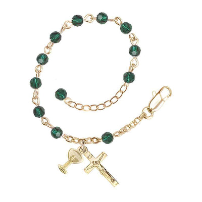 Holy Communion Rosary Bracelet with Gold-plated Crucifix and Medal Chalice, Birthstone 4mm Austrian Crystal Emerald Beads for May, Bliss Manufacturing