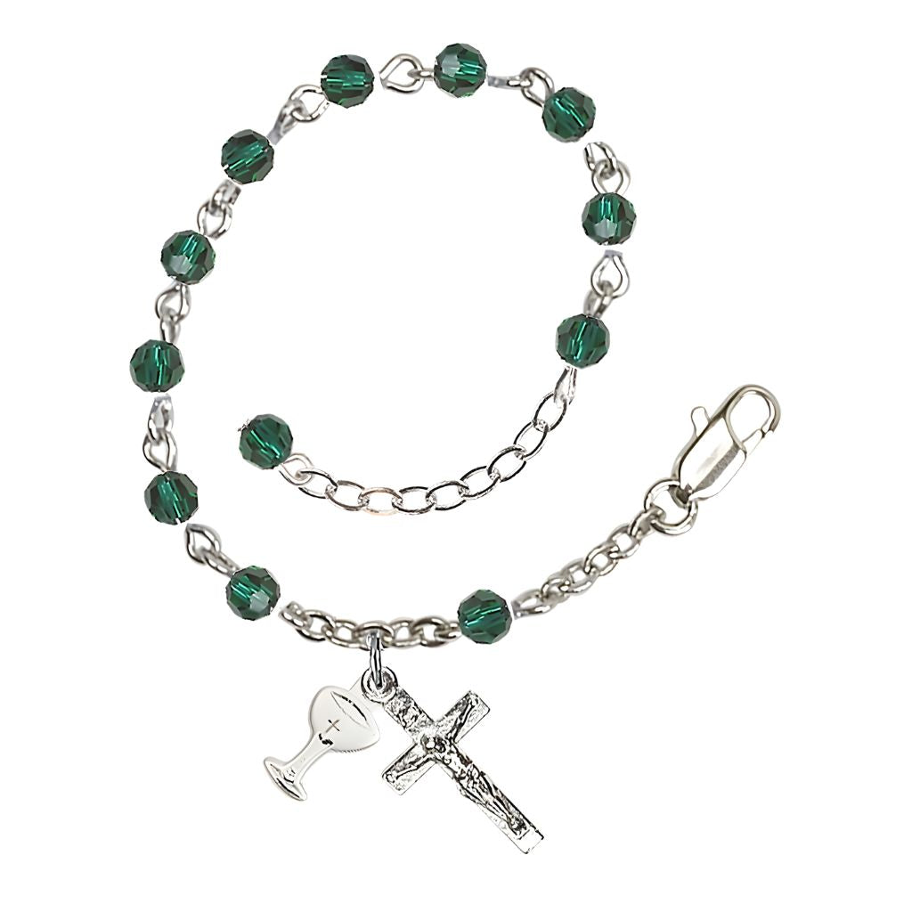 Bliss Holy Communion Rosary Bracelet with Silver-plated Crucifix and Medal Chalice, Birthstone 4mm Austrian Crystal Emerald Beads for May