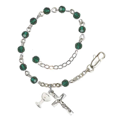 Holy Communion Rosary Bracelet with Silver-plated Crucifix and Medal Chalice, Birthstone 4mm Austrian Crystal Emerald Beads for May, Bliss Manufacturing
