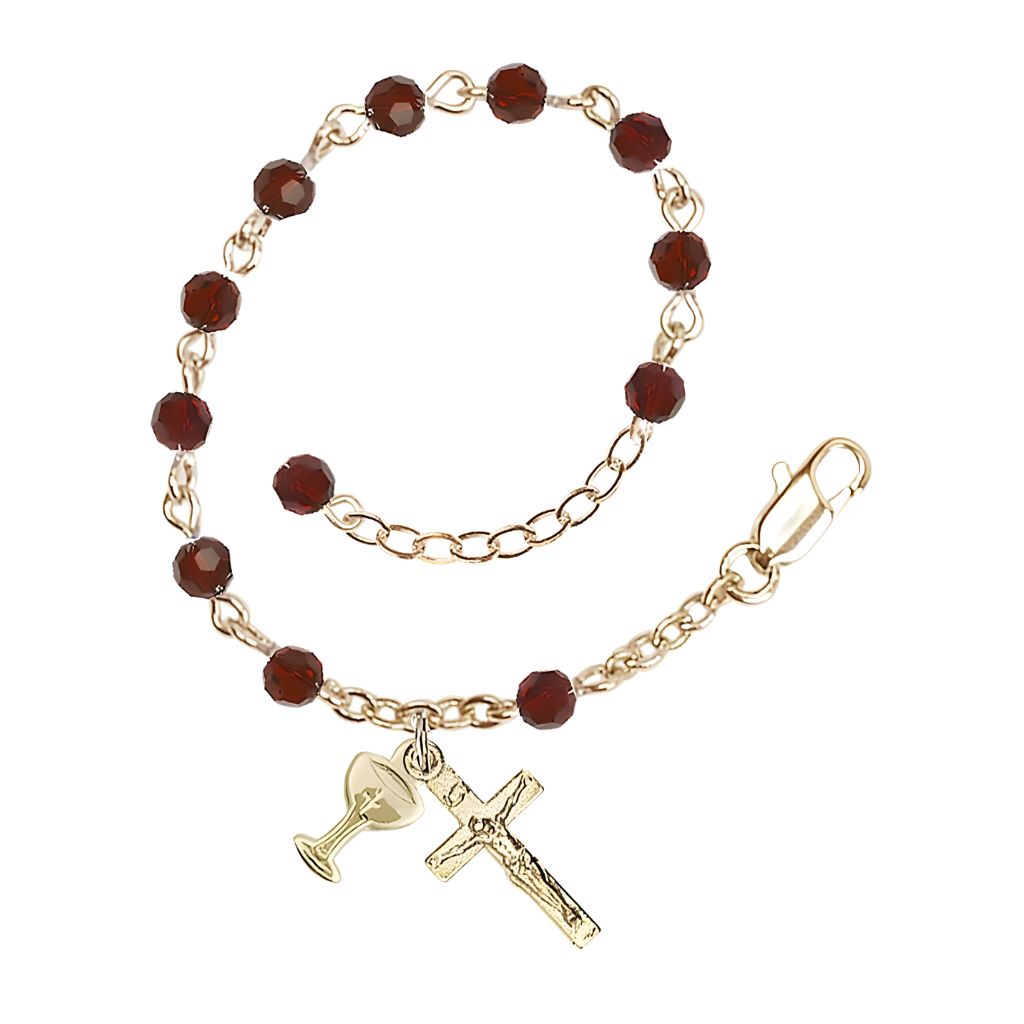 Bliss Holy Communion Rosary Bracelet with Gold-plated Crucifix and Medal Chalice, Birthstone 4mm Austrian Crystal Garnet Beads for January