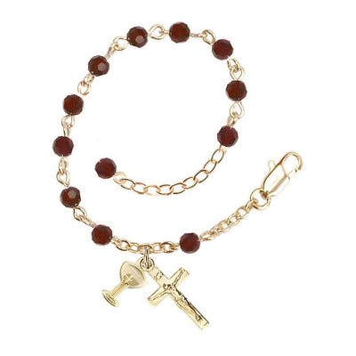 Holy Communion Rosary Bracelet with Gold-plated Crucifix and Medal Chalice, Birthstone 4mm Austrian Crystal Garnet Beads for January, Bliss Manufacturing
