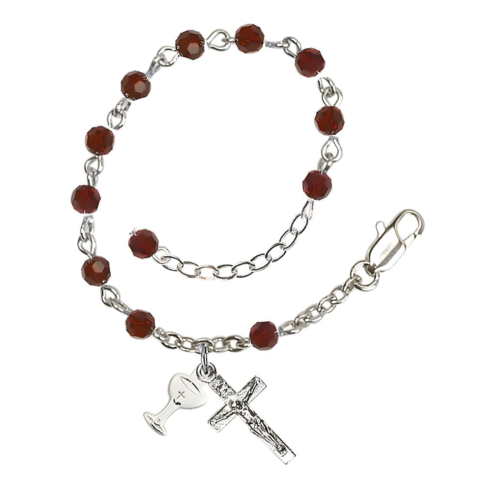 Bliss Holy Communion Rosary Bracelet with Silver-plated Crucifix and Medal Chalice, Birthstone 4mm Austrian Crystal Garnet Beads for January