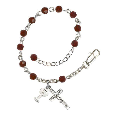 Holy Communion Rosary Bracelet with Silver-plated Crucifix and Medal Chalice, Birthstone 4mm Austrian Crystal Garnet Beads for January, Bliss Manufacturing
