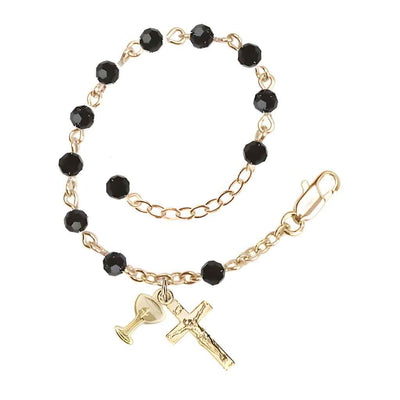 Holy Communion Rosary Bracelet with Gold-plated Crucifix and Medal Chalice, Birthstone 4mm Austrian Crystal Jet Beads, Bliss Manufacturing
