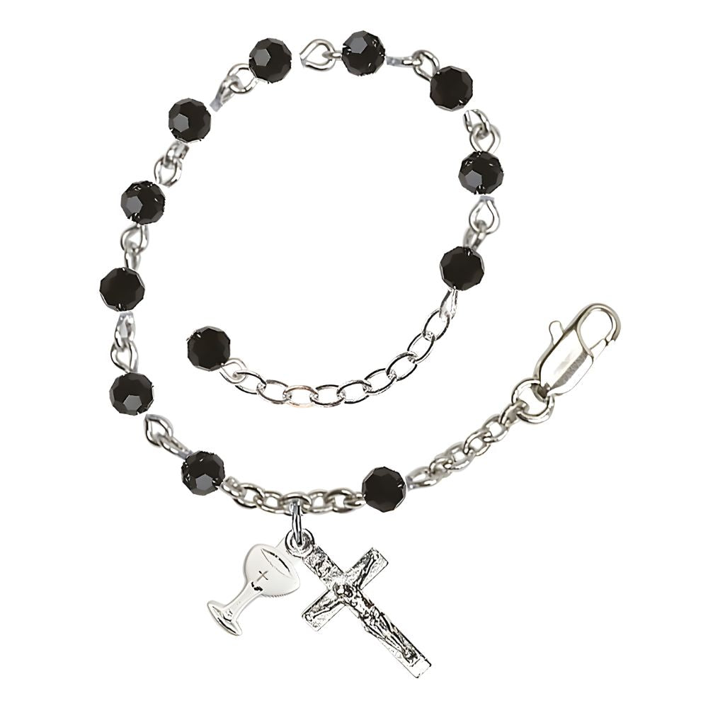 Bliss Holy Communion Rosary Bracelet with Silver-plated Crucifix and Medal Chalice, Birthstone 4mm Austrian Crystal Jet Beads