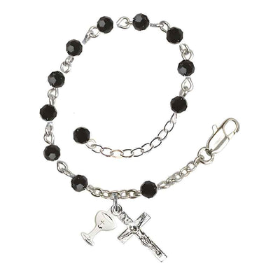 Holy Communion Rosary Bracelet with Silver-plated Crucifix and Medal Chalice, Birthstone 4mm Austrian Crystal Jet Beads, Bliss Manufacturing