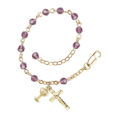 Holy Communion Rosary Bracelet with Gold-plated Crucifix and Medal Chalice, Birthstone 4mm Austrian Crystal Light Amethyst Beads for June, Bliss Manufacturing
