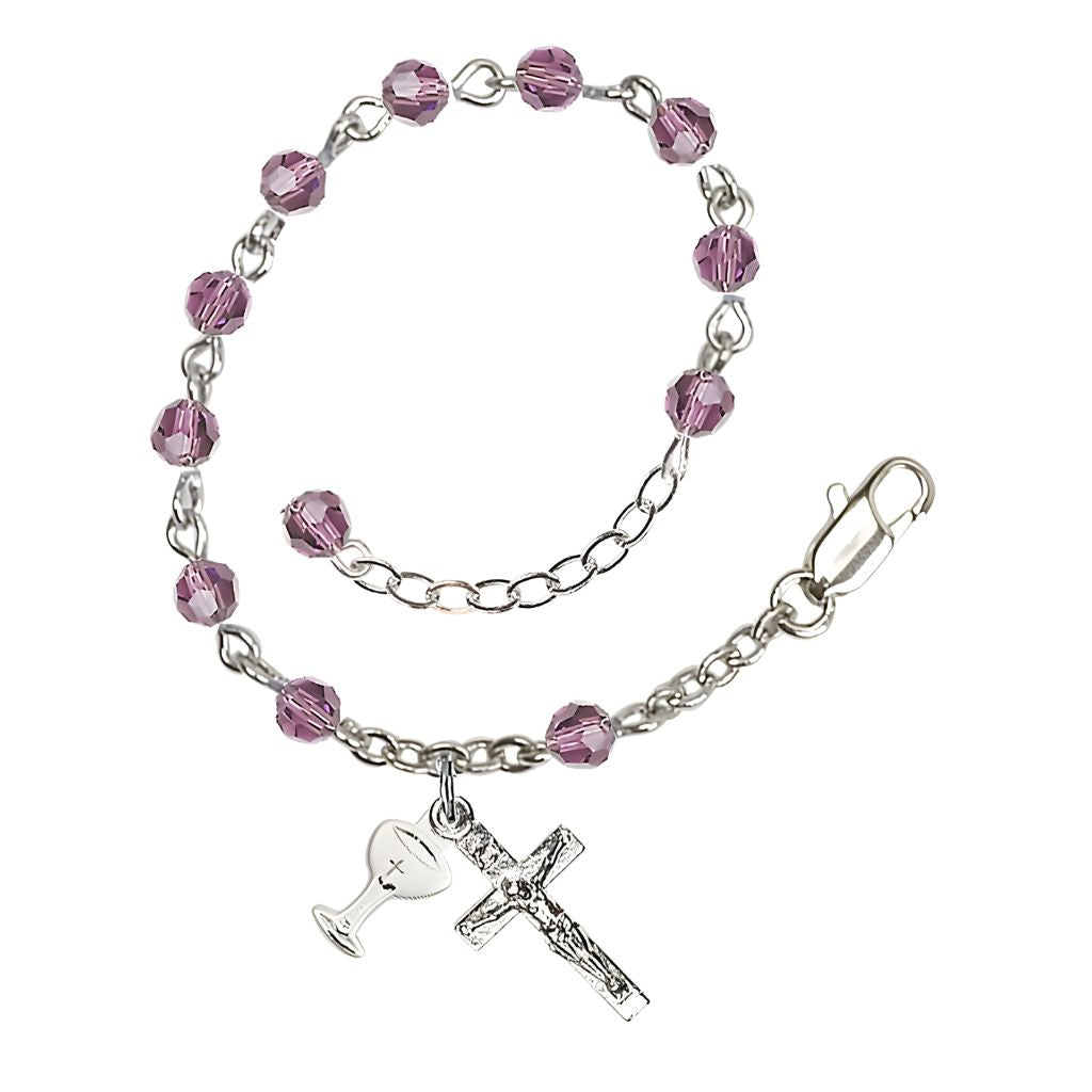 Bliss Holy Communion Rosary Bracelet with Silver-plated Crucifix and Medal Chalice, Birthstone 4mm Austrian Crystal Light Amethyst Beads for June
