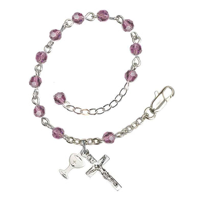 Holy Communion Rosary Bracelet with Silver-plated Crucifix and Medal Chalice, Birthstone 4mm Austrian Crystal Light Amethyst Beads for June, Bliss Manufacturing