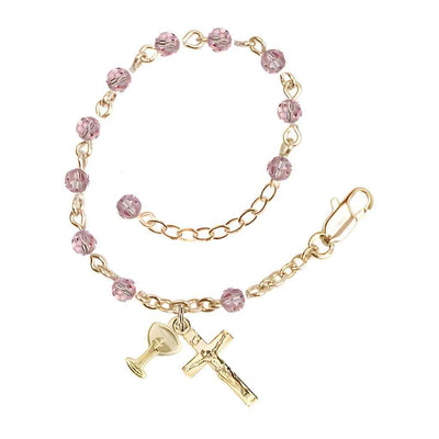Holy Communion Rosary Bracelet with Gold-plated Crucifix and Medal Chalice, Birthstone 4mm Austrian Crystal Light Rose Beads, Bliss Manufacturing