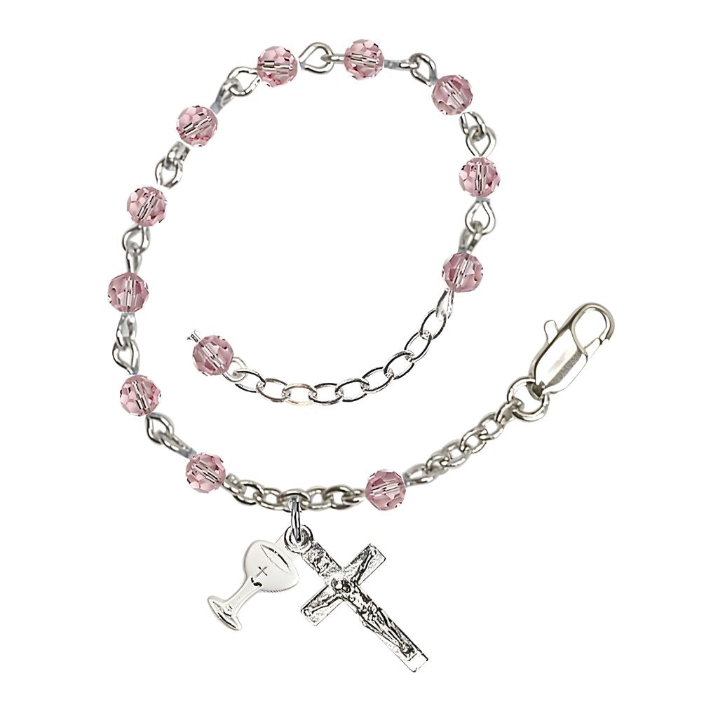 Bliss Holy Communion Rosary Bracelet with Silver-plated Crucifix and Medal Chalice, Birthstone 4mm Austrian Crystal Light Rose Beads
