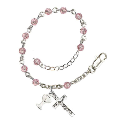 Holy Communion Rosary Bracelet with Silver-plated Crucifix and Medal Chalice, Birthstone 4mm Austrian Crystal Light Rose Beads, Bliss Manufacturing