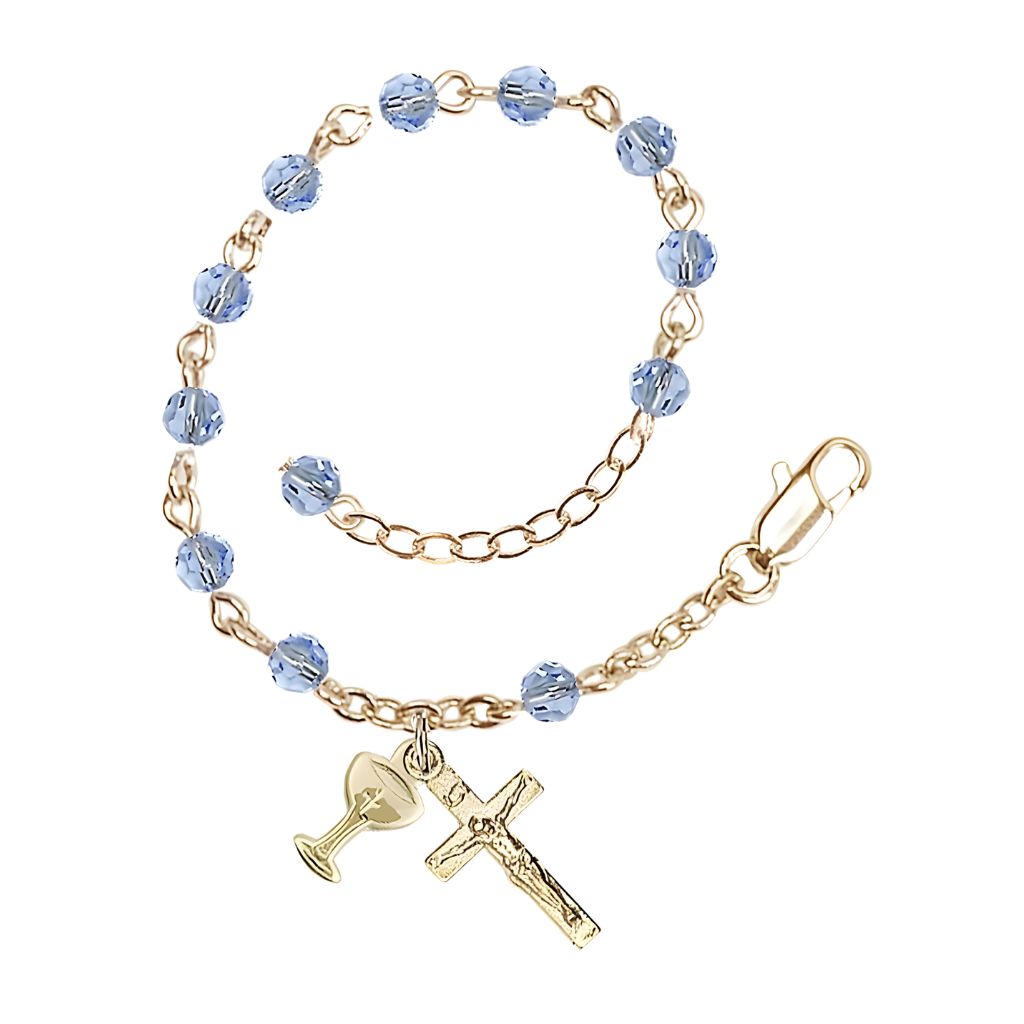 Bliss Holy Communion Rosary Bracelet with Gold-plated Crucifix and Medal Chalice, Birthstone 4mm Austrian Crystal Light Sapphire Beads