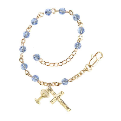 Holy Communion Rosary Bracelet with Gold-plated Crucifix and Medal Chalice, Birthstone 4mm Austrian Crystal Light Sapphire Beads, Bliss Manufacturing