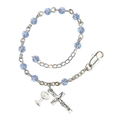Holy Communion Rosary Bracelet with Silver-plated Crucifix and Medal Chalice, Birthstone 4mm Austrian Crystal Light Sapphire Beads, Bliss Manufacturing