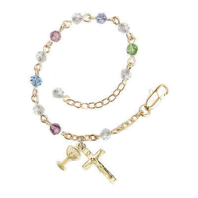 Holy Communion Rosary Bracelet with Gold-plated Crucifix and Medal Chalice, Birthstone 4mm Austrian Crystal Multi-Colors Beads, Bliss Manufacturing