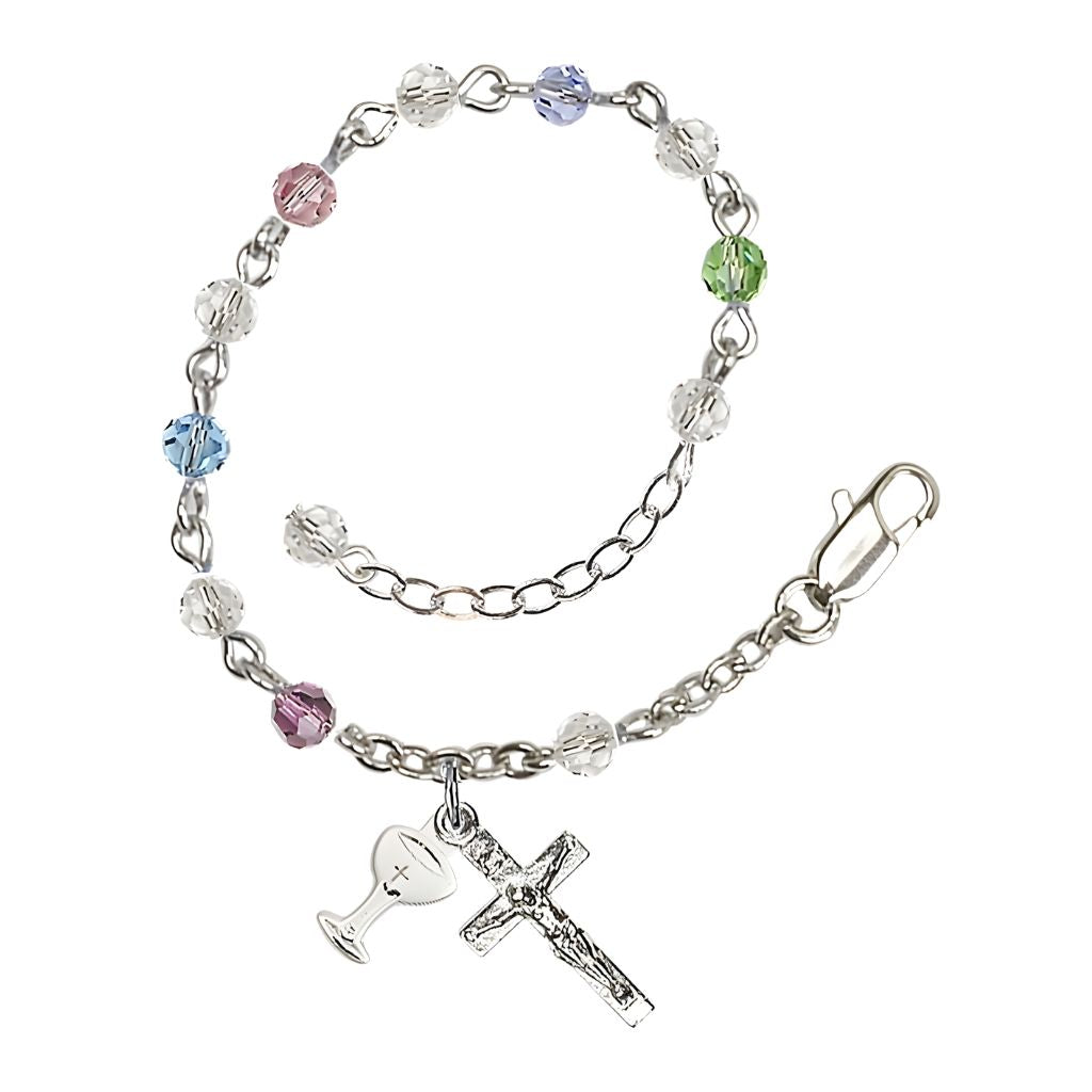 Bliss Holy Communion Rosary Bracelet with Silver-plated Crucifix and Medal Chalice, Birthstone 4mm Austrian Crystal Multi-Colors Beads