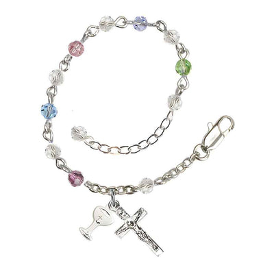 Holy Communion Rosary Bracelet with Silver-plated Crucifix and Medal Chalice, Birthstone 4mm Austrian Crystal Multi-Colors Beads, Bliss Manufacturing