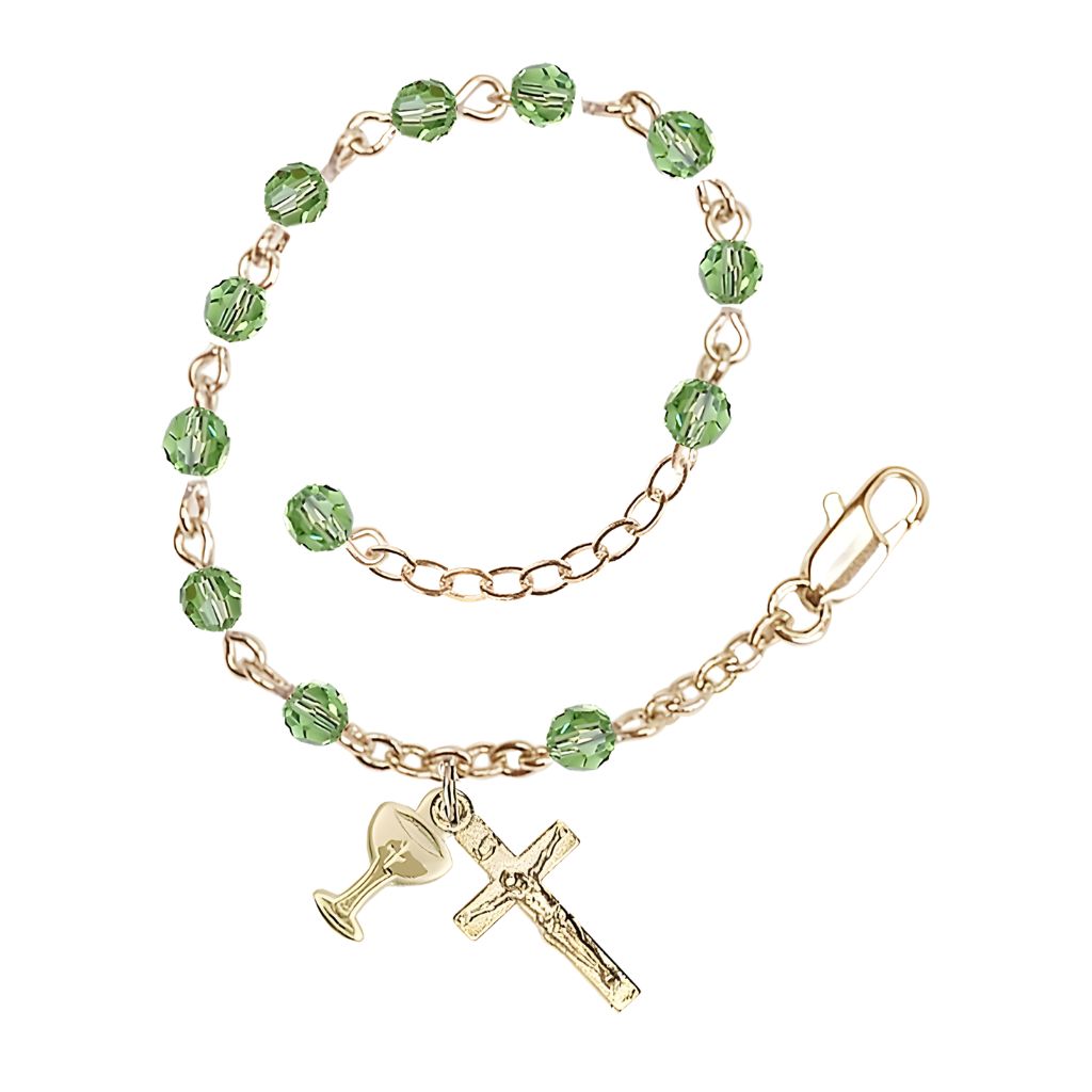 Bliss Holy Communion Rosary Bracelet with Gold-plated Crucifix and Medal Chalice, Birthstone 4mm Austrian Crystal Peridot Beads for August