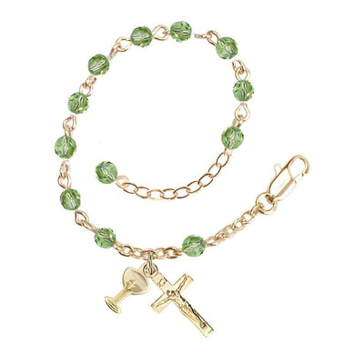 Holy Communion Rosary Bracelet with Gold-plated Crucifix and Medal Chalice, Birthstone 4mm Austrian Crystal Peridot Beads for August, Bliss Manufacturing