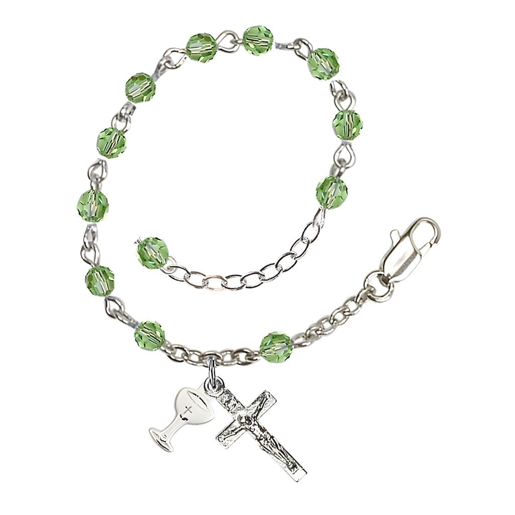 Bliss Holy Communion Rosary Bracelet with Silver-plated Crucifix and Medal Chalice, Birthstone 4mm Austrian Crystal Peridot Beads for August