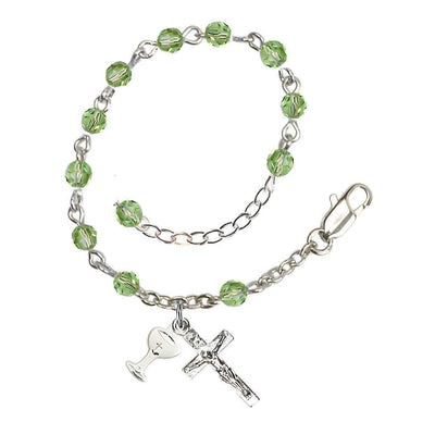 Holy Communion Rosary Bracelet with Silver-plated Crucifix and Medal Chalice, Birthstone 4mm Austrian Crystal Peridot Beads for August, Bliss Manufacturing