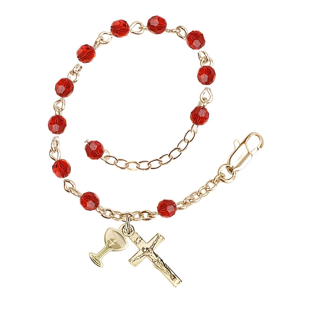 Bliss Holy Communion Rosary Bracelet with Gold-plated Crucifix and Medal Chalice, Birthstone 4mm Austrian Crystal Ruby Beads for July