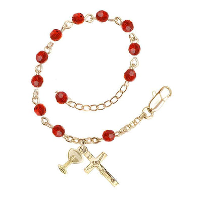 Holy Communion Rosary Bracelet with Gold-plated Crucifix and Medal Chalice, Birthstone 4mm Austrian Crystal Ruby Beads for July, Bliss Manufacturing