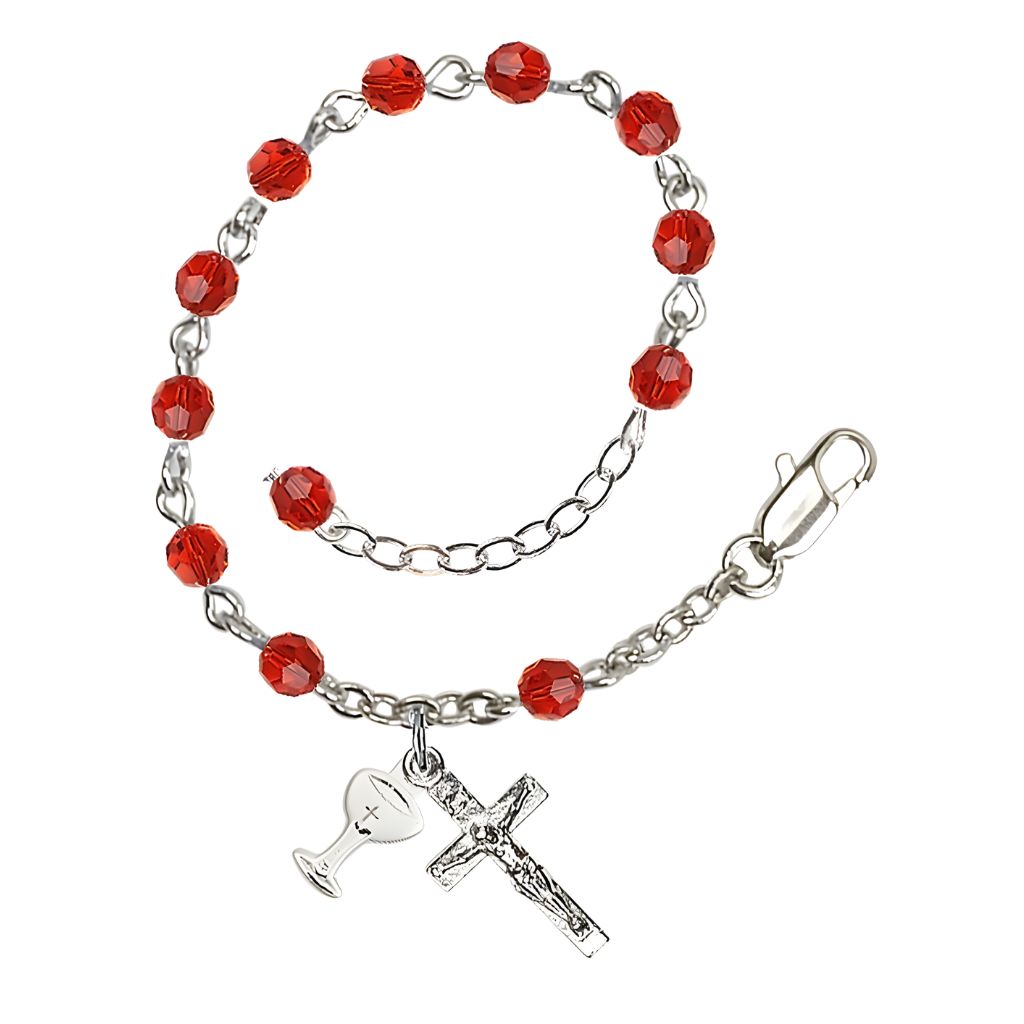 Bliss Holy Communion Rosary Bracelet with Silver-plated Crucifix and Medal Chalice, Birthstone 4mm Austrian Crystal Ruby Beads for July