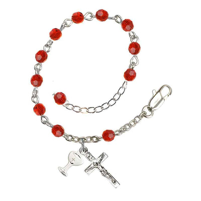 Holy Communion Rosary Bracelet with Silver-plated Crucifix and Medal Chalice, Birthstone 4mm Austrian Crystal Ruby Beads for July, Bliss Manufacturing