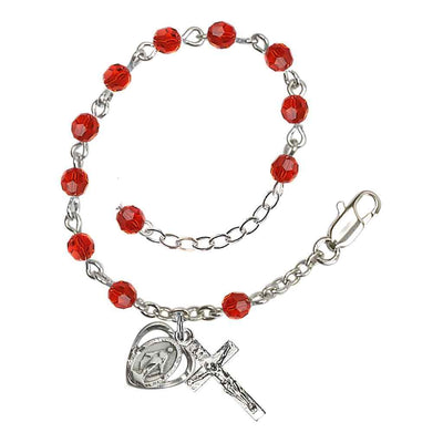 Bliss Rosary Bracelet with Silver-plated Crucifix and Heart Miraculous Medal, Birthstone 4mm Austrian Crystal Ruby Beads for July