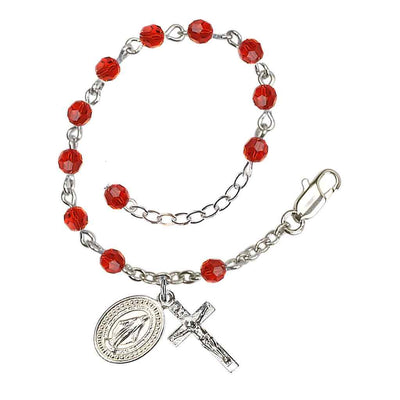 Bliss Rosary Bracelet with Silver-plated Crucifix and Miraculous Medal, Birthstone 4mm Austrian Crystal Ruby Beads for July