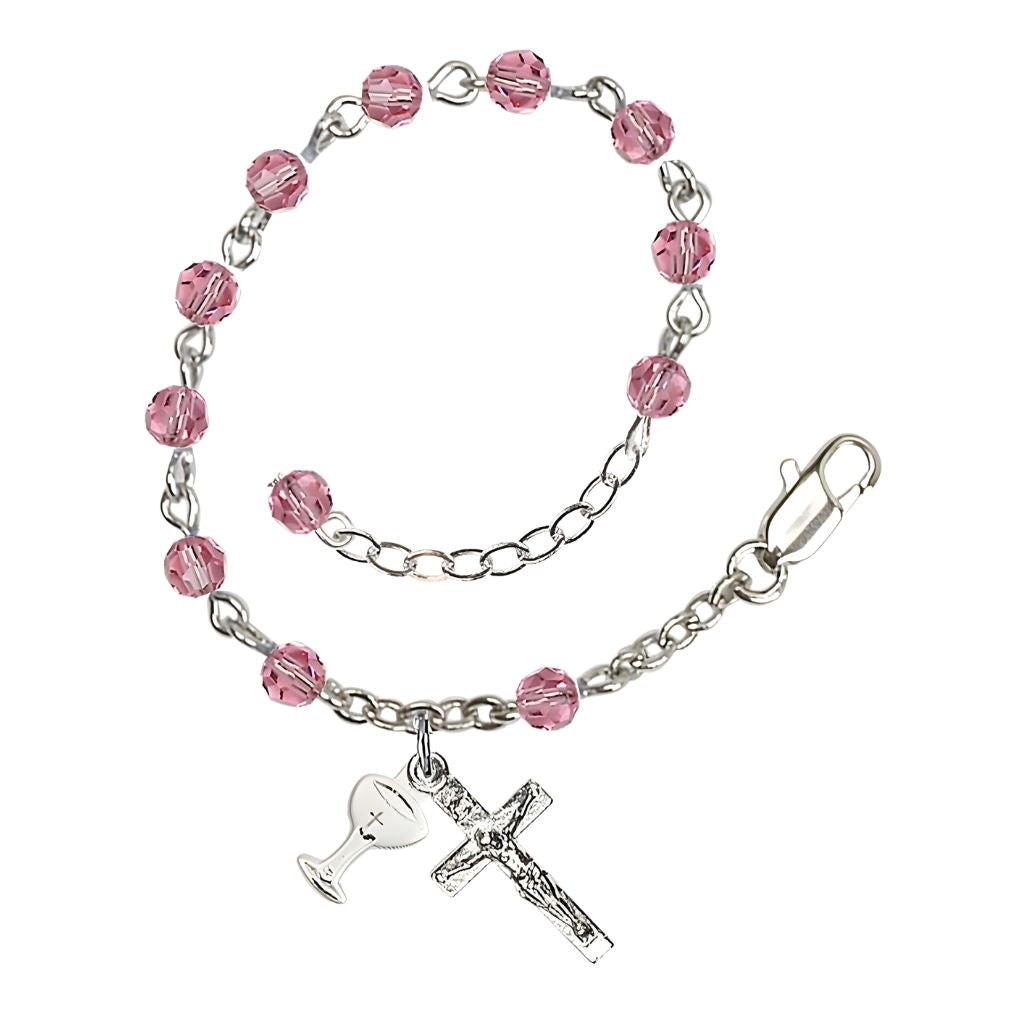 Bliss Holy Communion Rosary Bracelet with Silver-plated Crucifix and Medal Chalice, Birthstone 4mm Austrian Crystal Pink Rose Beads for October