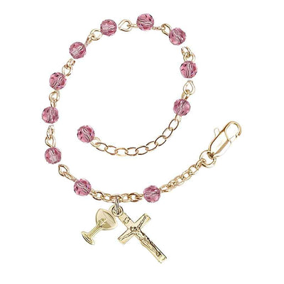 Holy Communion Rosary Bracelet with Silver-plated Crucifix and Medal Chalice, Birthstone 4mm Austrian Crystal Pink Rose Beads for October, Bliss Manufacturing