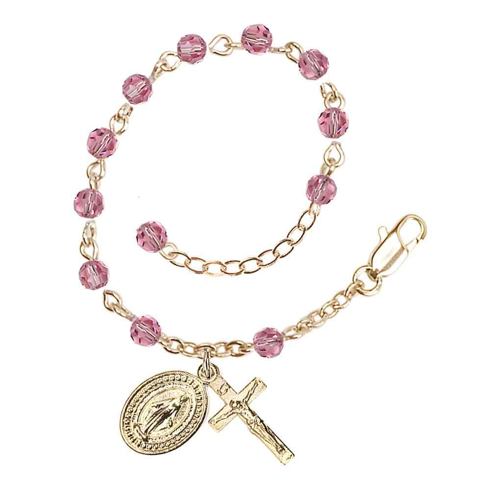 Bliss Rosary Bracelet with Gold-plated Crucifix and Miraculous Medal, Birthstone 4mm Austrian Crystal Pink Rose Beads for October