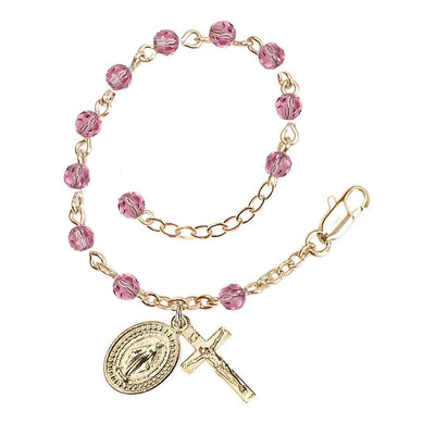 Bliss Rosary Bracelet with Gold-plated Crucifix and Miraculous Medal, Birthstone 4mm Austrian Crystal Pink Rose Beads for October
