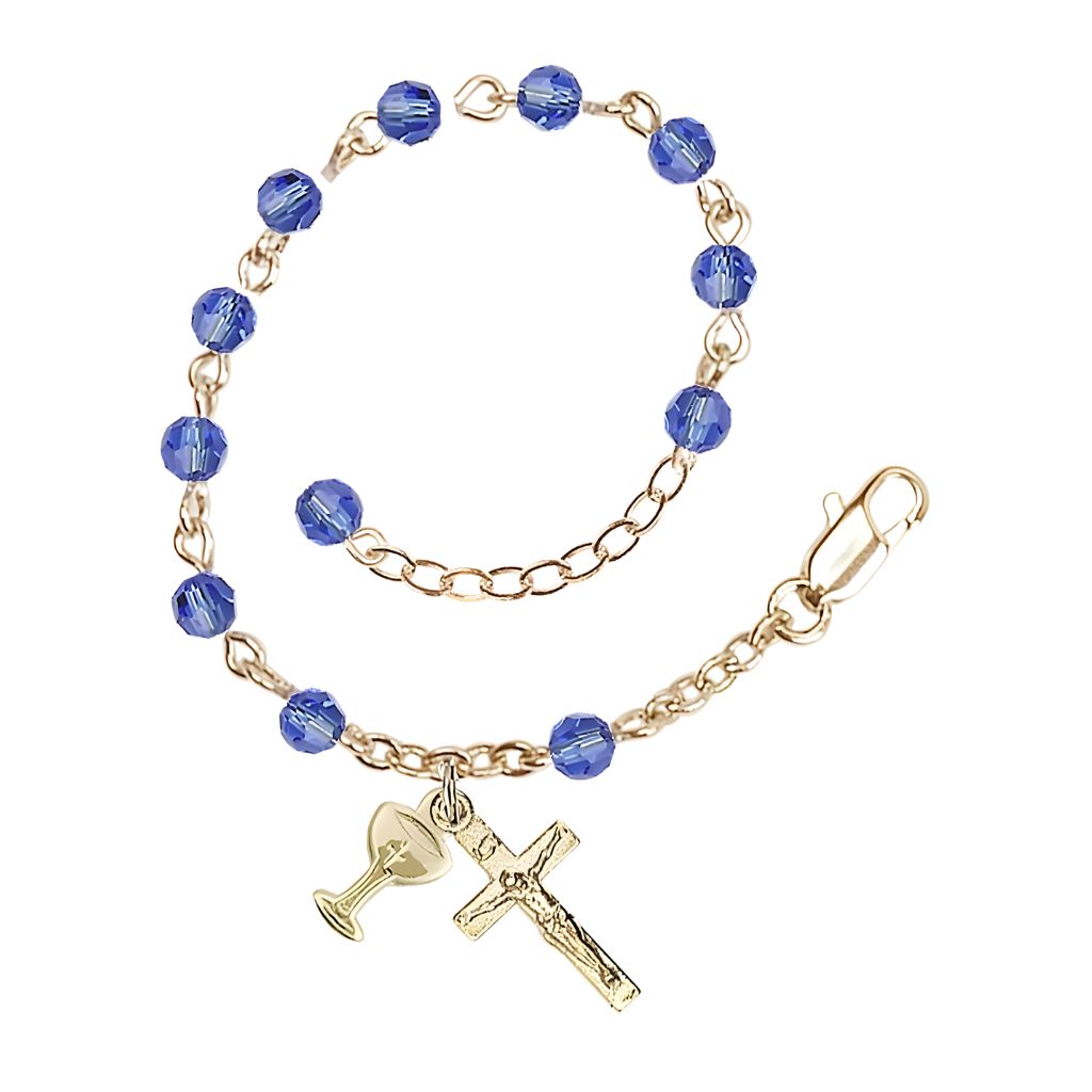 Bliss Holy Communion Rosary Bracelet with Gold-plated Crucifix and Medal Chalice, Birthstone 4mm Austrian Crystal Sapphire Beads for September