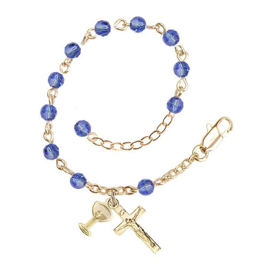Holy Communion Rosary Bracelet with Gold-plated Crucifix and Medal Chalice, Birthstone 4mm Austrian Crystal Sapphire Beads for September, Bliss Manufacturing