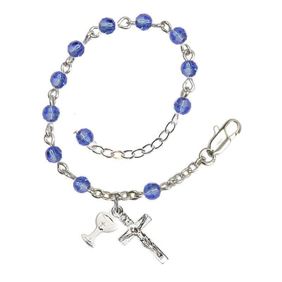 Holy Communion Rosary Bracelet with Silver-plated Crucifix and Medal Chalice, Birthstone 4mm Austrian Crystal Sapphire Beads for September, Bliss Manufacturing