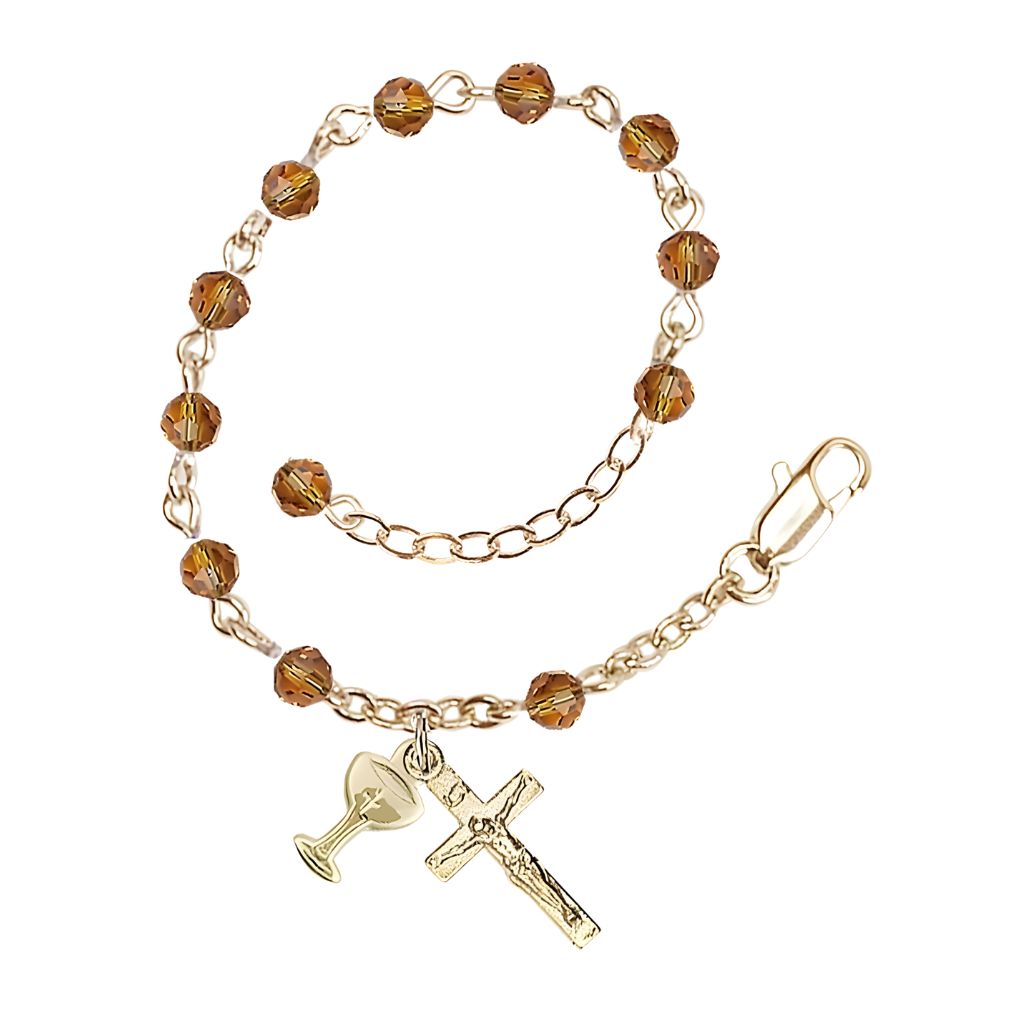 Bliss Holy Communion Rosary Bracelet with Gold-plated Crucifix and Medal Chalice, Birthstone 4mm Austrian Crystal Topaz Beads for November