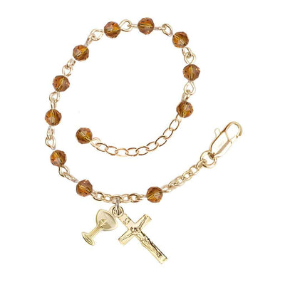 Holy Communion Rosary Bracelet with Gold-plated Crucifix and Medal Chalice, Birthstone 4mm Austrian Crystal Topaz Beads for November, Bliss Manufacturing