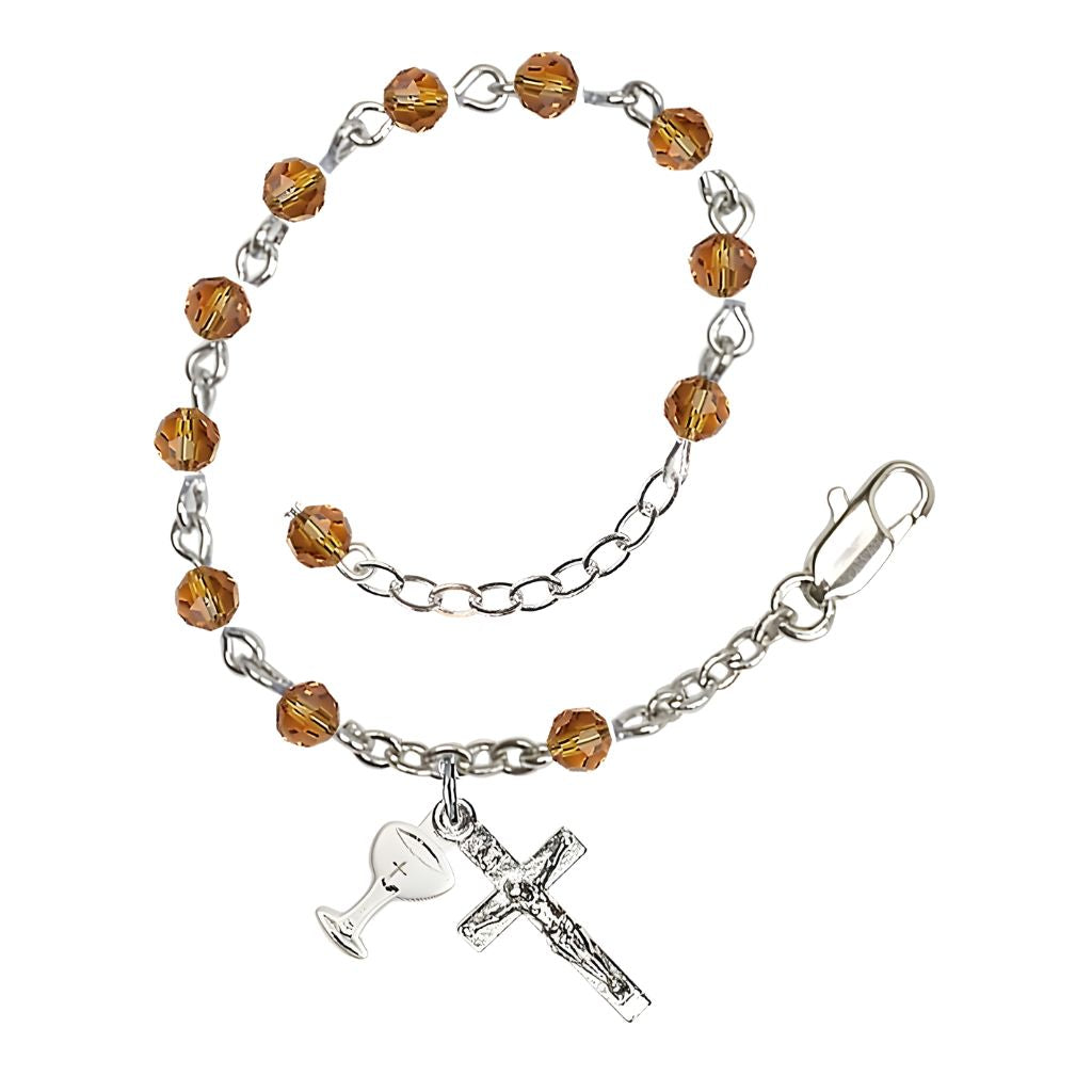 Bliss Holy Communion Rosary Bracelet with Silver-plated Crucifix and Medal Chalice, Birthstone 4mm Austrian Crystal Topaz Beads for November