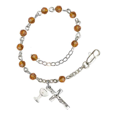 Holy Communion Rosary Bracelet with Silver-plated Crucifix and Medal Chalice, Birthstone 4mm Austrian Crystal Topaz Beads for November, Bliss Manufacturing