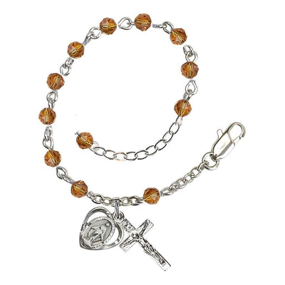 Bliss Rosary Bracelet with Silver-plated Crucifix and Heart Miraculous Medal, Birthstone 4mm Austrian Crystal Topaz Beads for November