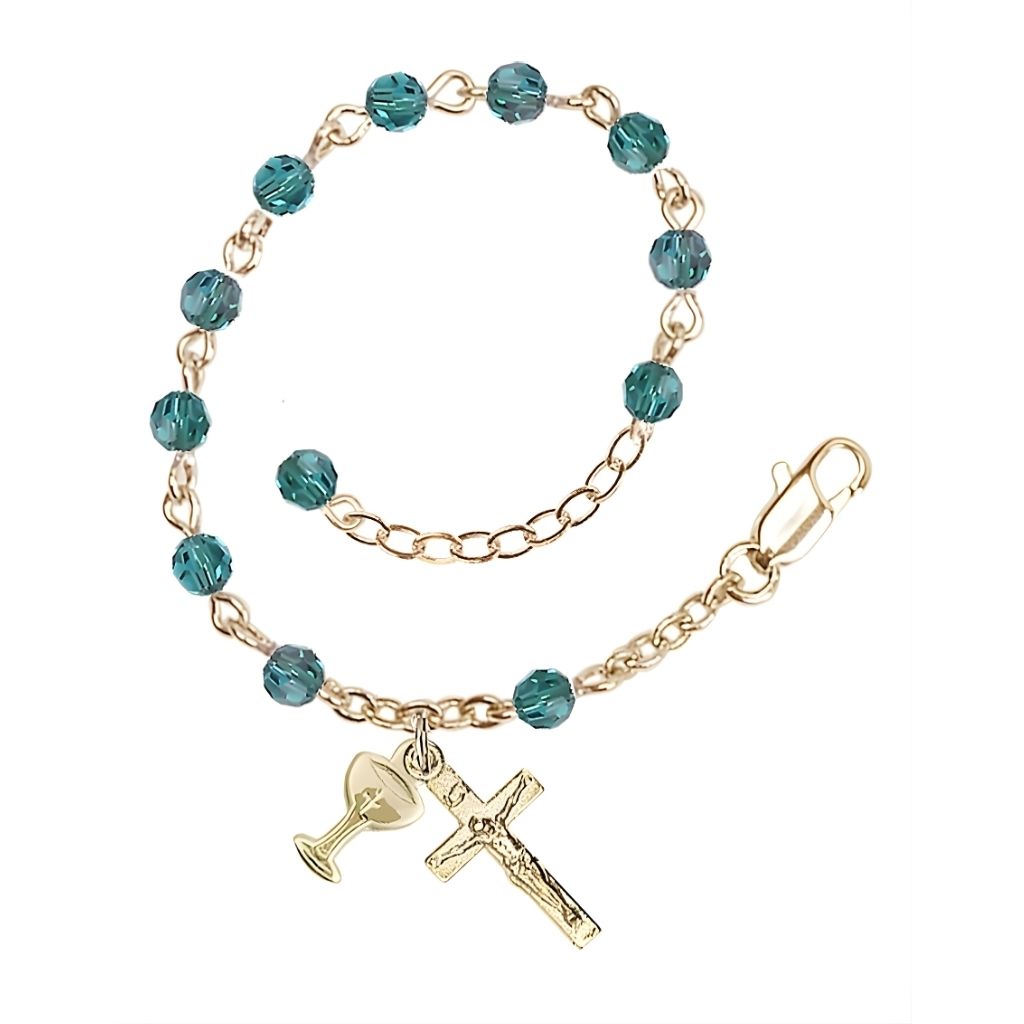 Bliss Holy Communion Rosary Bracelet with Gold-plated Crucifix and Medal Chalice, Birthstone 4mm Austrian Crystal Zircon Beads for December