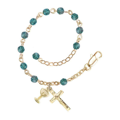 Holy Communion Rosary Bracelet with Gold-plated Crucifix and Medal Chalice, Birthstone 4mm Austrian Crystal Zircon Beads for December, Bliss Manufacturing
