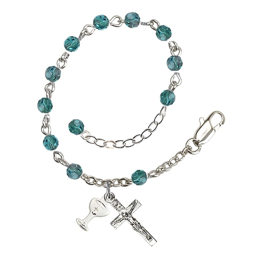 Bliss Holy Communion Rosary Bracelet with Silver-plated Crucifix and Medal Chalice, Birthstone 4mm Austrian Crystal Zircon Beads for December