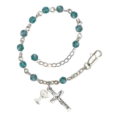Holy Communion Rosary Bracelet with Silver-plated Crucifix and Medal Chalice, Birthstone 4mm Austrian Crystal Zircon Beads for December, Bliss Manufacturing